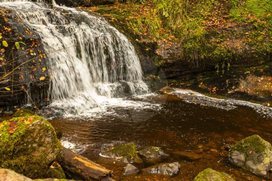 Small waterfall surrounded by autumn leaves on a clear autumn day