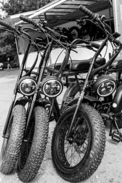 Retro shot of three electric mountain bikes for hire at loch Lomond