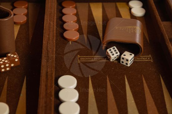 Close up of a backgammon game focusing on two white dice with backgammon chips in background