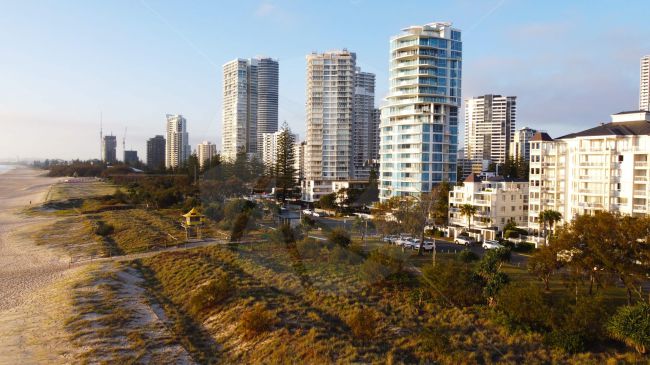 Hotels and apartments running along the Gold Coast shot from a drone