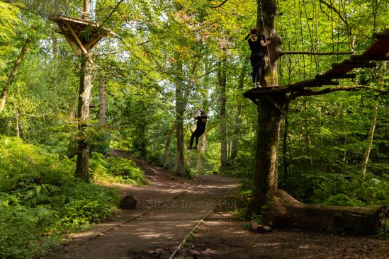 People having fun on a zip-line going through woods